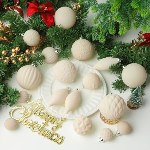 52pcs Velvet Christmas Ball Ornaments, Flocked Shatterproof Christmas Tree Decorations Hanging Xmas Decorative Ornaments Set for Home Party Holiday Decor(Cream)