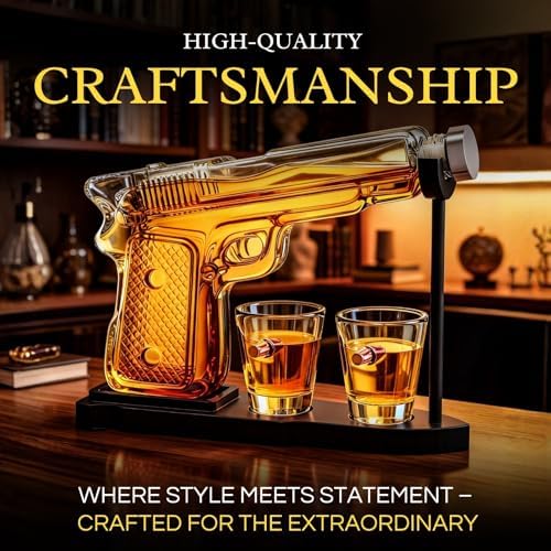 Whiskey Gun Decanter Set + 2 Bullet Glasses - Birthday Pistol Gifts for Men, Boyfriends Who Have Everything, Whiskey Gifts for Dad, Father, Husband, Boyfriend & Military Enthusiasts, Liquor Dispenser