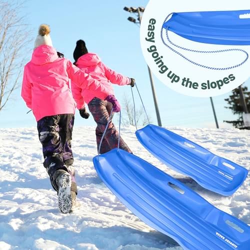 Slippery Racer Downhill Xtreme Flexible Adults and Kids Plastic Toboggan Snow Sled for Up to 2 Riders with Pull Rope and Handles, Red (Blue)