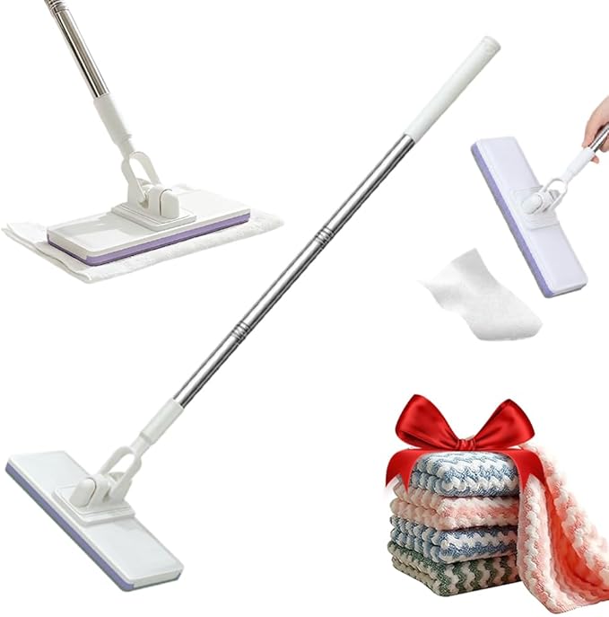 Disposable Dust Mop with 10 Reusable Cloths, 2026 New Convenient Cloth Changing Mini Mop 38" Long Handle Wet and Dry Flat Mopping, Sweeper Stick Lightweight Snap for Corners Multi Surface (5 Clothes)