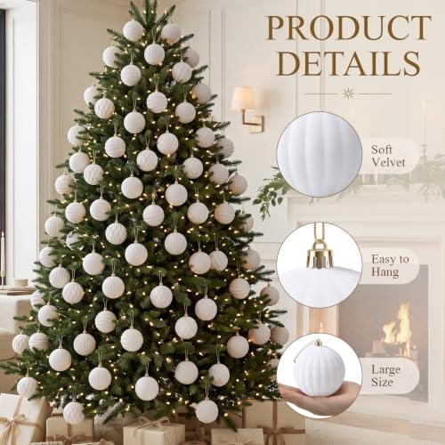 Liliful 3.15 Inch 12 Pcs Velvet Christmas Ornaments Balls, White