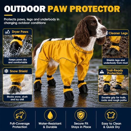 Waterproof Dog Boots Rain Boots with Suspender, Dogs Shoes Paw Protector for Small Medium Puppy, Anti-Slip Doggy Boot Belly Protector, Rain Booties Snow Pants Dogs Suspender Booties Leggings(M,yellow)