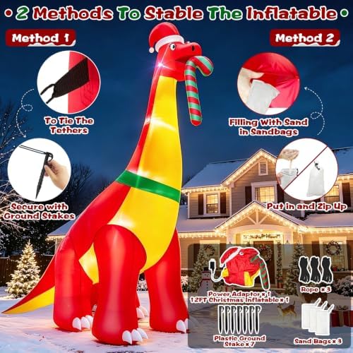 12 Ft Christmas Inflatables Dinosaur Outdoor Decorations, Giant Christmas Blow up,Built in LED Lights, Xmas Inflatable Decor Holiday Party Yard Garden Lawn