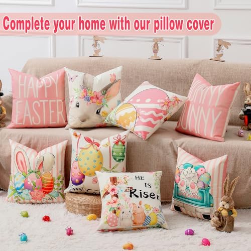 multiwins 8-Sided Easter Pillow Covers Set of 4 with 2 Wooden Bunny Decorations, 20 x 20 Inch Reversible Decor with Bunny, Floral Eggs & “He is Risen” Prints for Indoor/Outdoor, Spring Holiday Decor