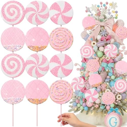 Roowest 12 Pcs 13.78'' Pastel Large Candy Christmas Decorations Giant Lollipop Candy Decoration with Sticks Macaron Peppermint Xmas Decor for Christmas Tree Ornament Holiday Party (Pink,6 Styles)