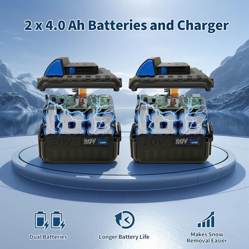 Cordless Snow Blower, 20 Inch Electric Snow Thrower, with 2x20V 4.0Ah Battery and Charger, Dual LED Lights & Brushless Motor, 25 Ft Throwing Distance, 12 in Deep Cleanup, for Sidewalks and Driveways