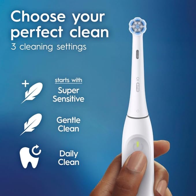 Oral-B Rechargeable Electric Toothbrush, iO2 Starter Kit, 3 Cleaning Modes, Automatic Pressure Sensor to Protect Gums, 2 Brush Heads, Pure White