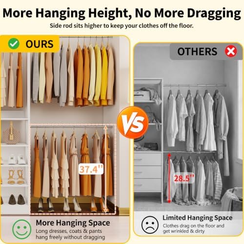 Fastgo Closet System with Drawers, 2FT-9.8FT Hanging Closet Organizer System with 4 Expandable Hanging Rods&Adjustable Shelves, Modular Closet Systems with Light & Mirror, White