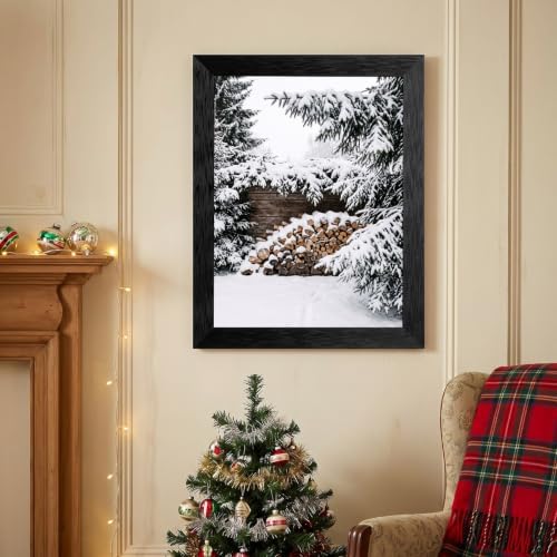 Framed Snowy Firewood Canvas Wall Art, Winter, Black Frame Inch 24x36