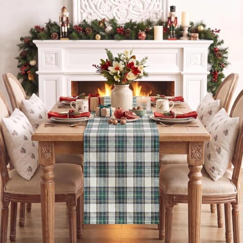 Softalker Christmas Checkered Table Runner, Green and White, 13 x 70 Inch