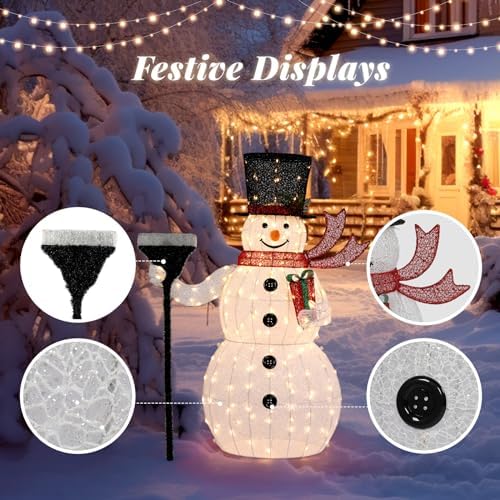 VINGLI 5FT Outdoor Snowman Christmas Decorations, Lighted Outdoor Snowman w/200 LED Lights, Tall Hat, Red Scarf, Ground Stakes, Zip Ties for Indoor, Yard, Outside Xmas Decor