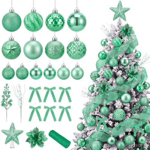 89 Pcs Christmas Tree Decorations Star Topper Ornaments Artificial Poinsettia Flowers Green Ball Velvet Bow Berry Picks Christmas Tree Hanging Ornaments for Xmas Home Office Decorations