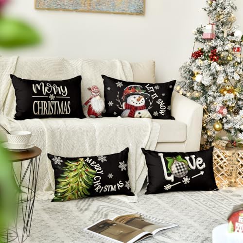 AVOIN colorlife Merry Christmas Let It Snow Love Snowman Black Throw Pillow Covers, 12 x 20 Inch Xmas Tree Holiday Cushion Case Decoration for Sofa Couch Set of 4