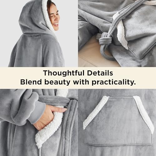 Bedsure Long Sherpa Wearable Blanket Hoodie, Grey, Standard