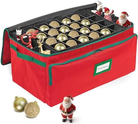 Premium Christmas Ornament Storage Box – Holds up to 72-3” Ornaments + 6 Side Slots for Figurines & Nutcrackers – Holiday Decoration Organizer – Durable 600D Red Canvas