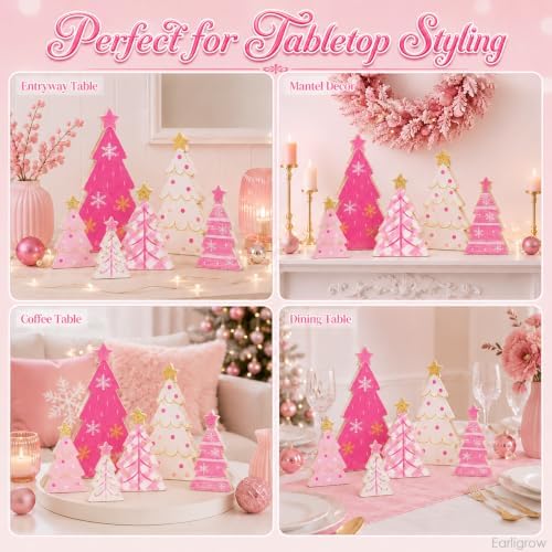 Christmas Table Decorations Pink White Wood Xmas Trees Tiered Tray Decor