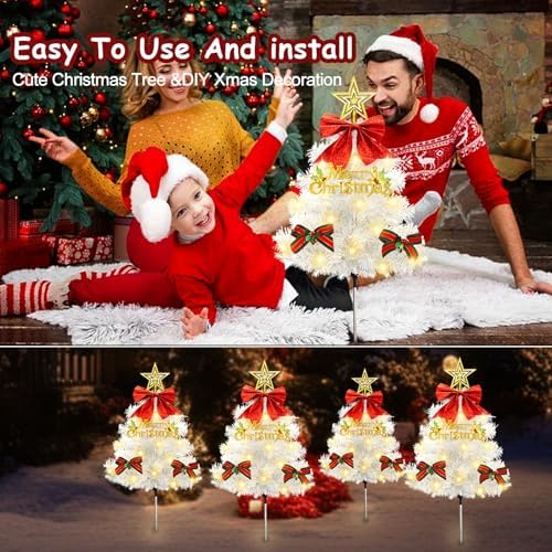 Christmas Tree Solar Pathway Lights Outdoor Decor, 4 Pack, White