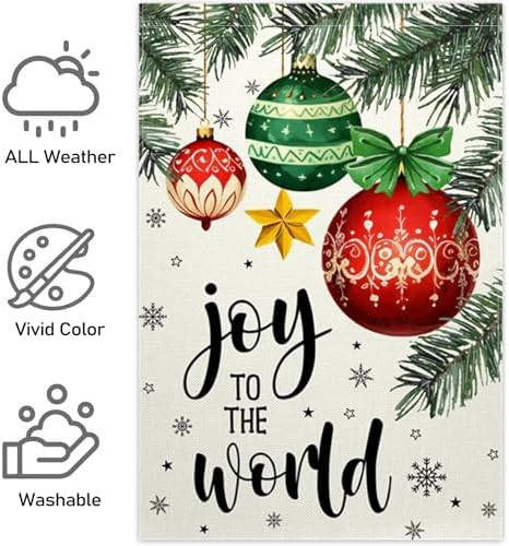 Christmas Garden Flag 12x18 Inch Joy To The World Winter Outdoor Yard Flag Double Sided Small Burlap Family Xmas Balls Holiday Yard Outside Decorative Flag (Beige)