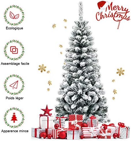 4.5FT Snow Flocked Pine Tree, Artificial Christmas Tree w/Sturdy Metal Stand & Quality PVC Needles, Pencil Xmas Tree for Indoor & Outdoor Holiday Decoration