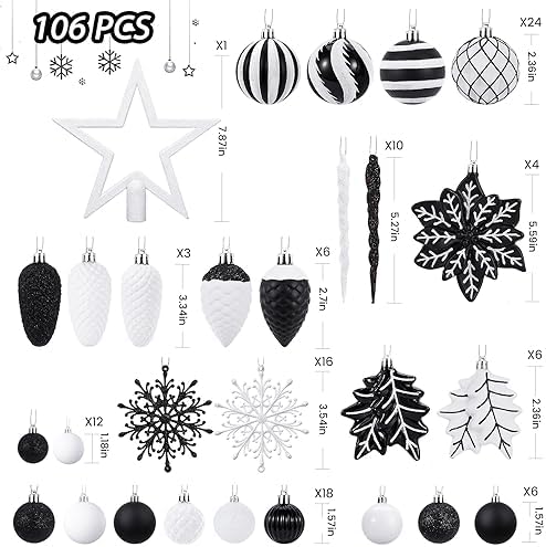 SHareconn 106PCS Christmas Balls Ornaments Set, Colorful Shatterproof Plastic Decorative Baubles for Xmas Tree Decor Holiday Wedding Party Decoration with Hanging Hooks, Black & White