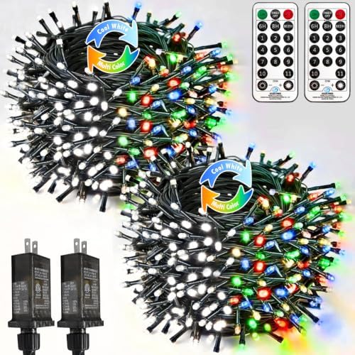2 Pack 200LED Christmas Lights Indoor Outdoor Cool White to Multicolor
