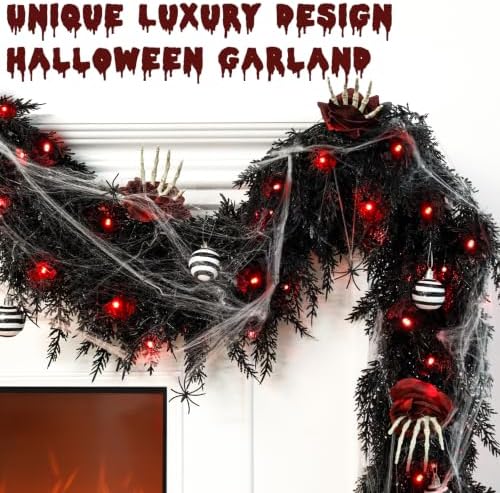 9FT Black Garland with Lights and Ornaments Prelit Halloween Decoration