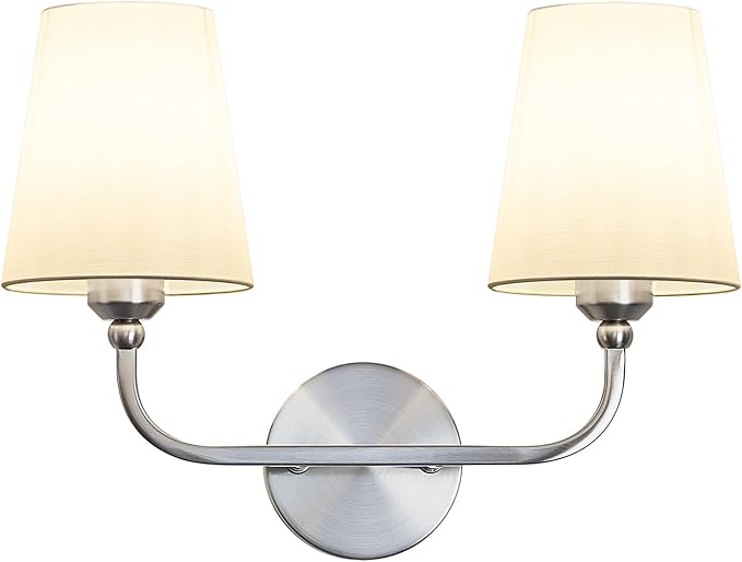 Bathroom Light Fixtures, Brushed Nickel Bathroom Vanity Light, 2-Light Lighting Fixtures Over Miror, Modern Wall Sconce with Flared White Fabric Shade, E26 Socket(ETL Listed)