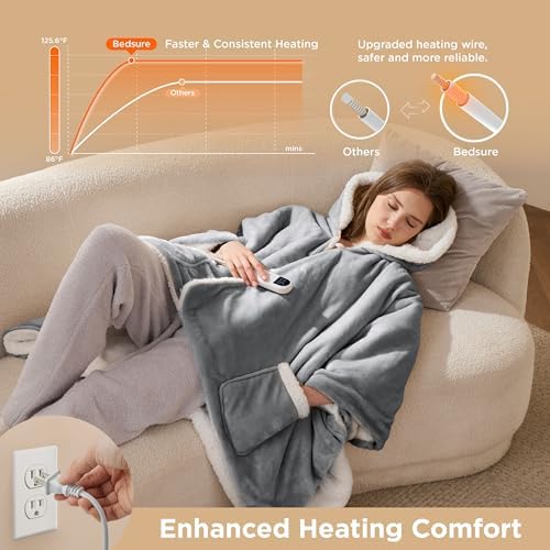 Bedsure Wearable Heated Blanket Hoodie Shawl, Gifts for Mom, 55"x64", Grey