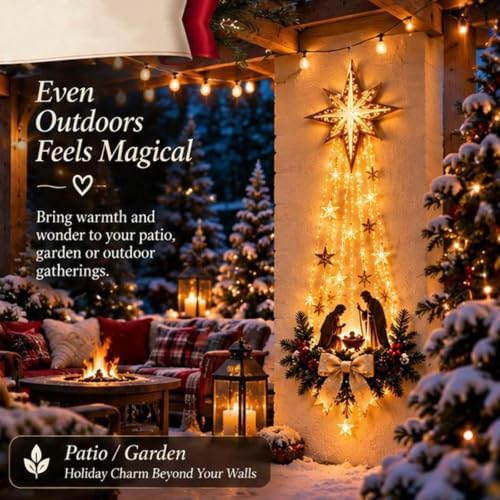 Lighted Nativity Bethlehem Star Wall Decor with Warm LED Lights, Gold-1pcs