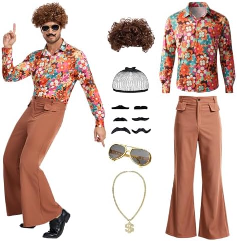 70s Disco Outfit for Men, 7 Pcs Retro Hippie Costume Adults