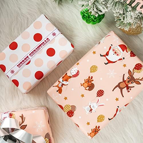 WRAPAHOLIC Reversible Christmas Wrapping Paper - Mini Roll - 17 Inch x 33 Feet - Red and Pink Dancing Santa Claus Reindeer and Colorful Polka Dots Design for Christmas, Holiday, Party
