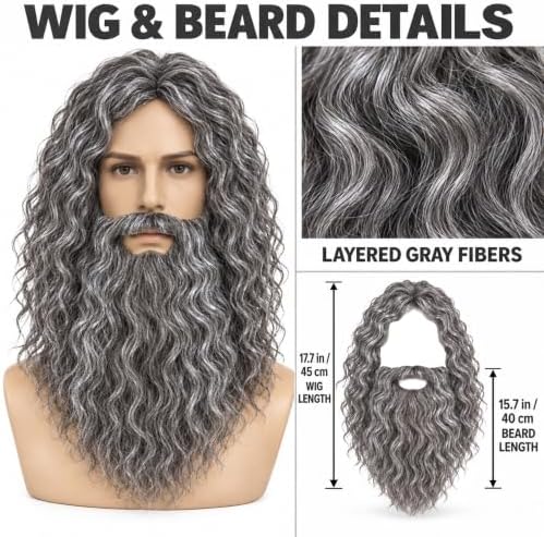 Wizard Halloween Costumes for Men with Gray Robe Hat Wig Beard