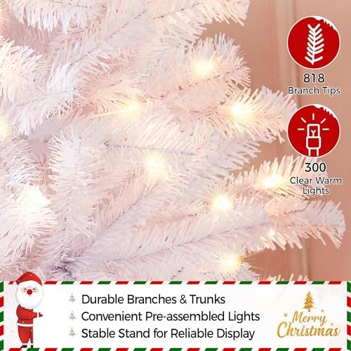 Yaheetech 6ft Pre-lit Christmas Tree with 300 Warm White Lights, White