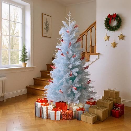 HAPPYGRILL 6FT Pre-lit Artificial Christmas Tree, Hinged Xmas Tree w/ 599 Snow Flocked Branch Tips, 250 Warm White LED Lights, White Twigs, Red Berries, Metal Stand