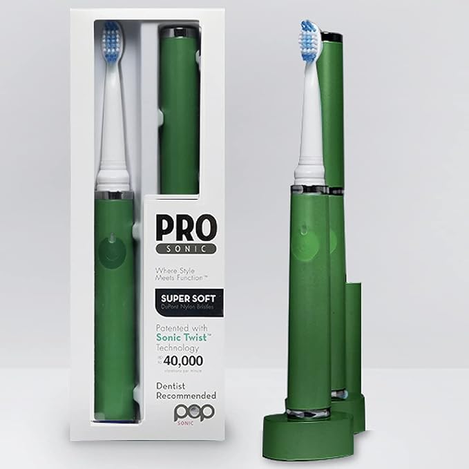 Pop Sonic Ultimate Pro Rechargeable Toothbrush (Green) - 40,000 Strokes/Min - Dupont Nylon Bristles - Teens & Adults with Quadrant Pacer & Timer