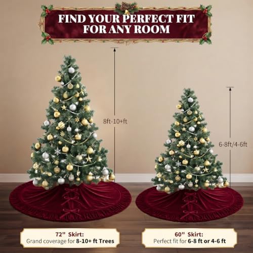 VEILS Large Christmas Tree Skirt, Velvet Burgundy Tree Skirts with Center Pleats and Plush Tie Closures for Christmas Party Favors Decor(72")