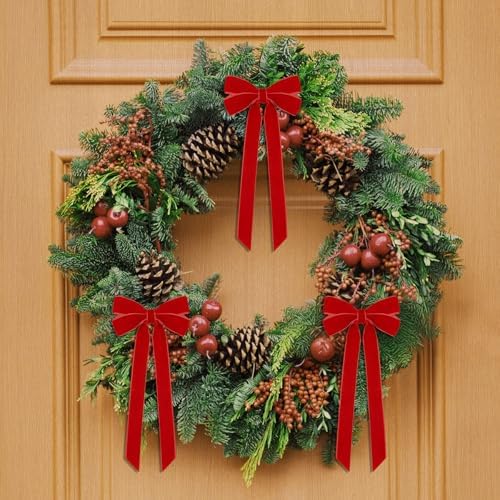 12Pcs Red Velvet Ribbon Bows Christmas Tree Decorations,5in x 10in Xmas Ornaments for Tree Home Party Front Door Wreath Holiday Decor
