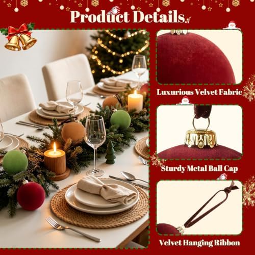 TOWPONICS 15 Pcs Velvet Christmas Tree Ornaments, 3.15 Inch Red Green Brown Velvet Ornaments for Christmas Tree, Flocked Ornaments Balls for Family Holiday Wedding Party Xmas Hanging Decoration