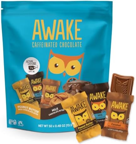 AWAKE - Caffeinated Chocolate Bites - 50mg Caffeine - Variety Pack (3 Flavors), 50 pieces - Peanut Butter, Milk, & Caramel - Energy Bites - Coffee Alternative - Fairtrade, Gluten Free, Non GMO - 0.48oz