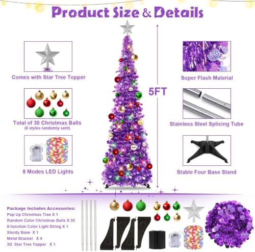 N&T NIETING Pop Up Christmas Tree with Lights & Ornaments, 5FT, Dark Purple