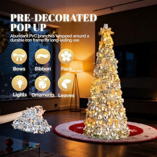 VINGLI 6ft Pre Lit Pop Up Christmas Tree w/ 100 Lights, Fully Decorated Flocked Pencil Christmas Tree, Collapsible Xmas Tree for Holiday Party Decorations, Gold