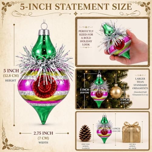 Soulchen 8 Pcs Vintage Glass Christmas Finial Ornaments Reflector for Tree