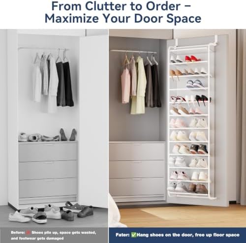Whitmor 36 Pair Over the Door Shoe Rack,12 Tier Hanging Shoe Organizer with Metal Frame & Mesh Shelves, Heavy Duty Shoe Storage Holder for Door, No Drill Installation, 74" H x 21.7" W x 7.5" D, White