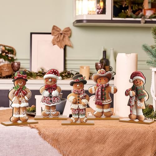 RattanView 5 Pcs Christmas Gingerbread Tabletop Decorations Wooden Christmas Centerpiece Table Decor Holiday Sequins Village Standing Sign with Base for Xmas Home Mantel Shelf(Gingerbread Man)
