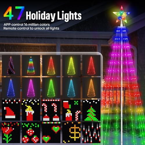 6ft DIY Outdoor Christmas Trees for Yard with 47 Prelit Lights 265 LED Christmas Tree Lights Color Changing Sync Musical APP & Remote Control Christmas Tree Light Show for Multicolor Decorations