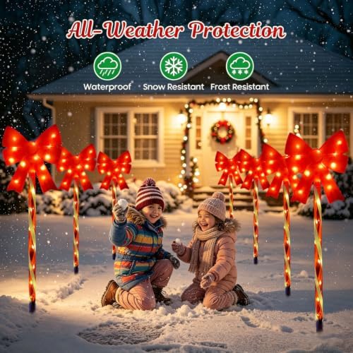Outdoor Christmas Decorations Solar Pathway Lights, Set of 5 Red Bow Candy Stake Lights, Waterproof Solar Christmas Lights for Holiday Display Yard Garden Lawn Winter Party Xmas Decor