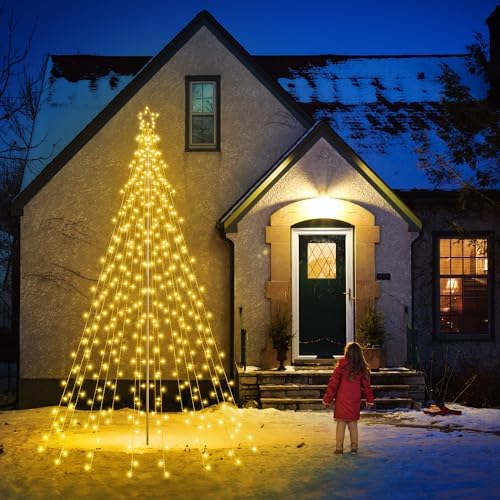Outdoor Christmas Tree Lights with Pole, 10 FT, Warm White and Multicolor