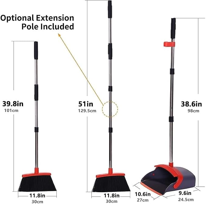 Long Handle Broom and Dustpan Set, Self-Cleaning with Dustpan Teeth for Home, Kitchen, Office, and Pets – Stand-Up Design for Indoor & Outdoor Sweeping (Red)