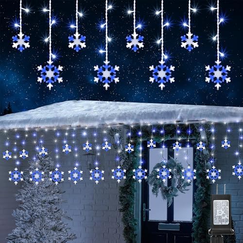 Christmas Snowflake Lights, 10.66ft 168 LED Icicle Lights Outdoor with 14 Drops, 8 Modes Waterproof Connectable Christmas Light for Eaves Wedding Garden Yard, Indoor Outdoor Xmas Decor (White & Blue)