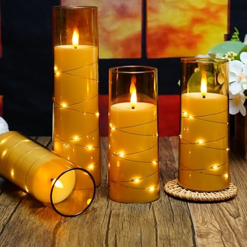 kakoya Flameless LED Candles with Timer 5 Pc Flickering Flameless Candles for Romantic Ambiance and Home Decoration Stable Acrylic Shell,with Embedded Star String，Battery Operated Candles（Gold）